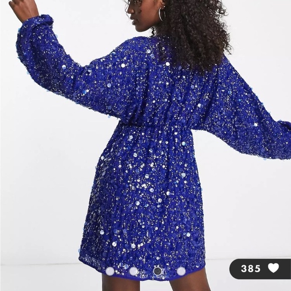 ASOS EDITION Royal Cobalt Blue Sequin Embellished Long Sleeve Faux Wrap Dress - Picture 12 of 12